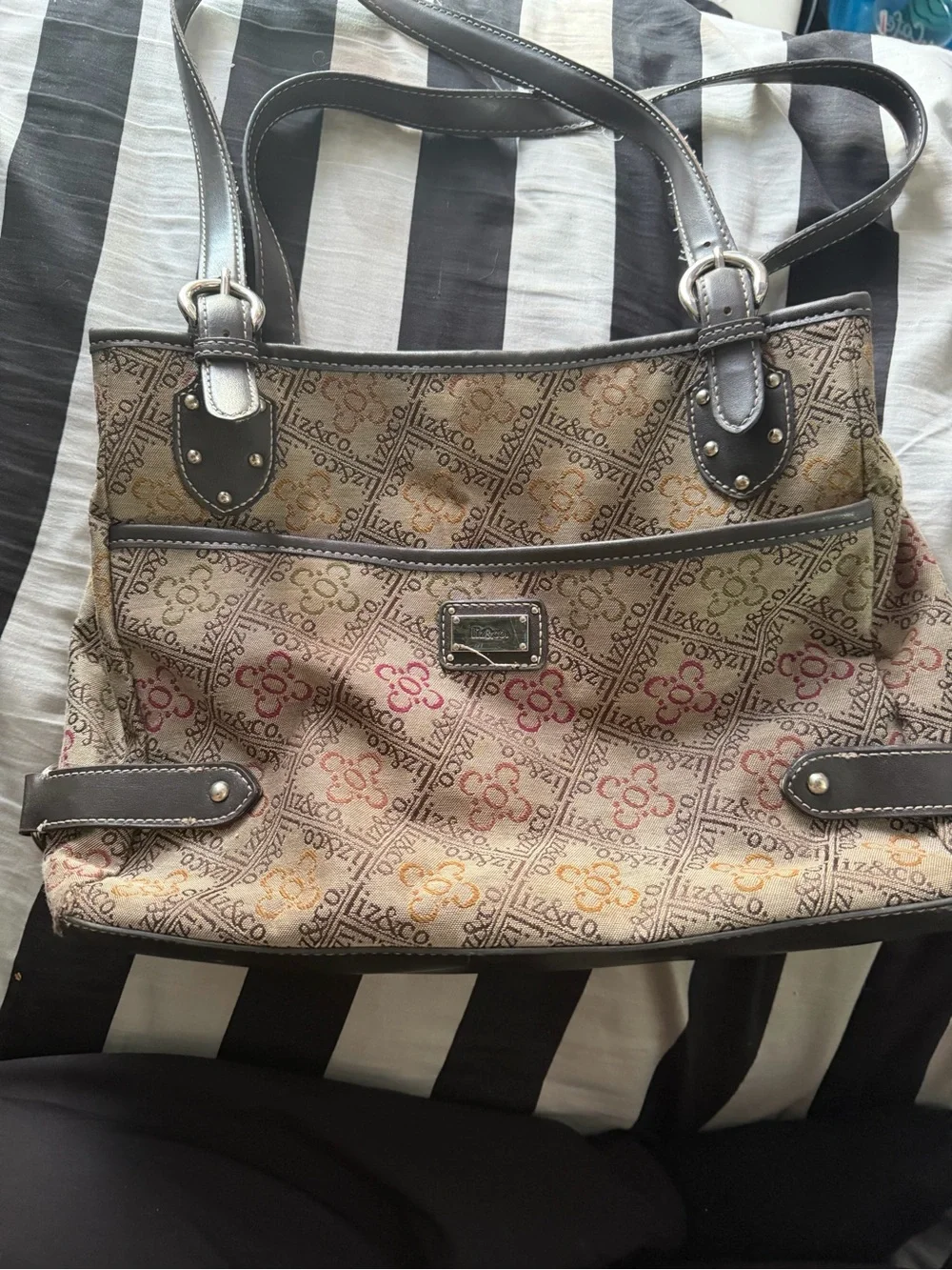 liz & co. Multicolor Pattern Tote with Brown Trim